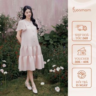 Váy đầm bầu Joamom thiết kế tơ xòe tầng tay cánh tiên kèm nơ JVB413