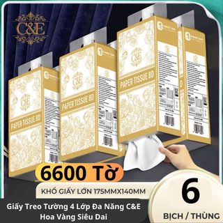 THÙNG 6 Bịch Giấy Vệ Sinh Treo Tường 6600 Tờ C&E Hoa Vàng, Khăn Giấy Treo Đa Năng Nội Địa VN BABYLOVE.store