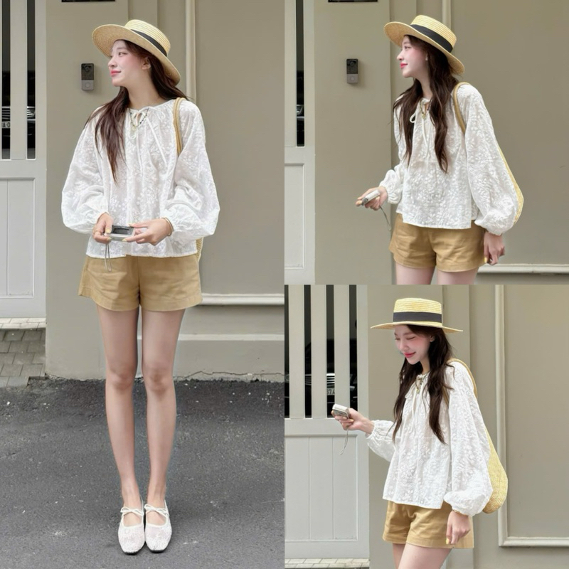 (ẢNH OLDSCHOOL) ÁO BABYDOLL  ren thô boil tay bồng chun cổ V buộc nơ MYRA TOP | BigBuy360 - bigbuy360.vn