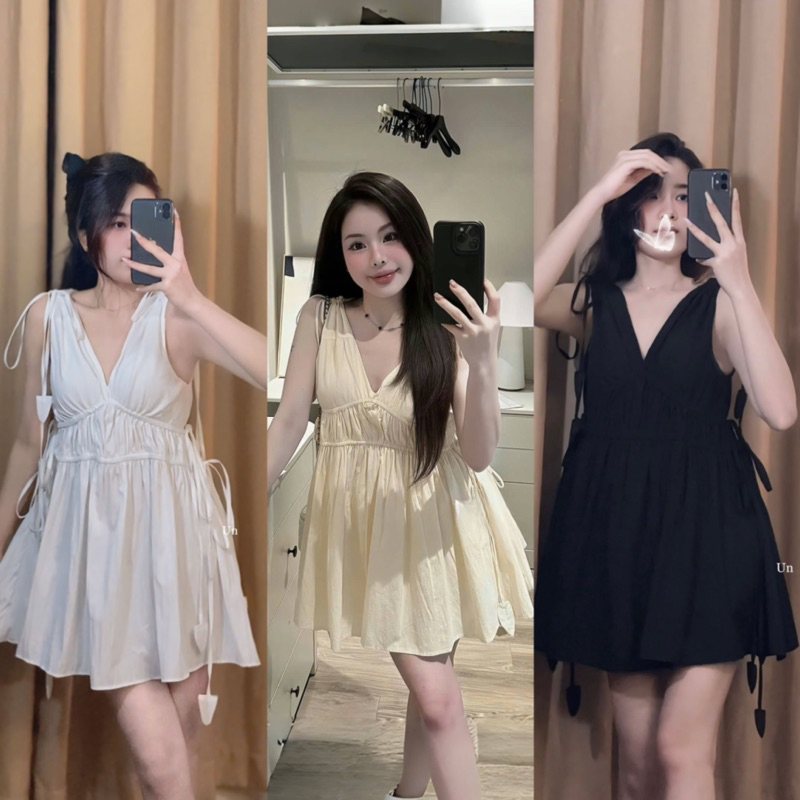 [Un.style] Váy cổ V không tay phối chun ngực dáng babydoll ngắn (tặng quần bảo hộ)