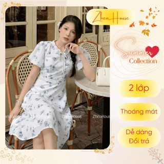 Váy Hoa Nhí ZhenHouse Hoa Xanh Chất Lụa Thô Mát Tay Bồng Cổ Nơ