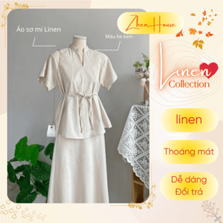 Áo Sơ Mi Linen Nữ Công Sở Form Rộng Cổ Tàu Tay Ngắn + Set Chân Váy Linen AK04
