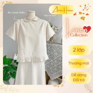 Áo Linen Nữ Form Rộng Cổ Sen Có Nhún Gấu 2 Lớp Tay Ngắn + Chân Váy Linen 2 lớp AK06