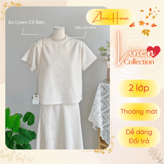 Áo Kiểu Linen Nữ Form Rộng Cổ Nhún 2 Lớp Tay Ngắn + Chân Váy Linen AK07