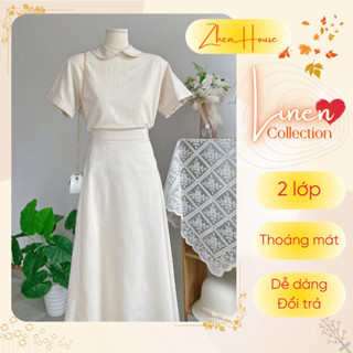 Áo Linen Nữ Kiểu Form Vừa Cổ Sen 2 Lớp Tay Ngắn + Chân Váy Linen AK05