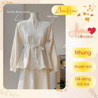 Áo Thu Đông Nhung Dáng Sơ Mi Tay Dài Dây Eo AK08