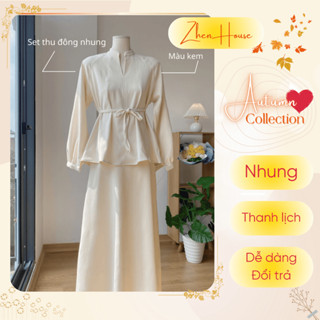 Set Áo Nhung Tay Dài Thu Đông Thắt Eo 3 Màu Be Kem - Nâu - Xanh - Kèm Chân Váy Nhung Be Kem