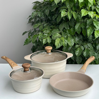 Bộ nồi chảo Ecoramic Hàn Quốc màu trắng xám dùng bếp từ, gas, hồng ngoại