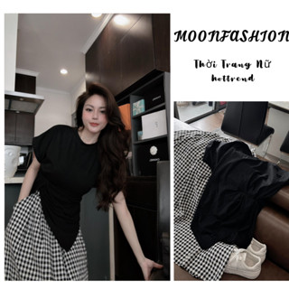 Bộ đồ nữ sét áo thun đen basic phối chân váy maxi kẻ caro dáng dài phong cách Hàn Quốc