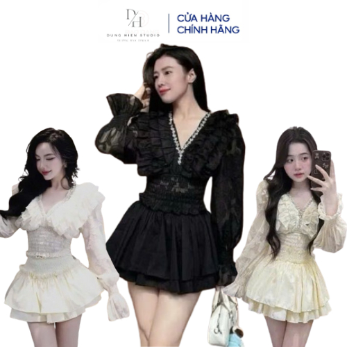 Váy cổ V đính đá tơ phông cánh tiên tay dài tiểu thư sang chảnh DH STUDIO. Đầm tơ cánh tiên đi chơi đi dự tiệc siêu hot