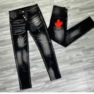  Quần dài jean nam DSQ đen rách xước vẩy sơn thêu lá phong đỏ sau túi jean co dãn mẫu mới shop 