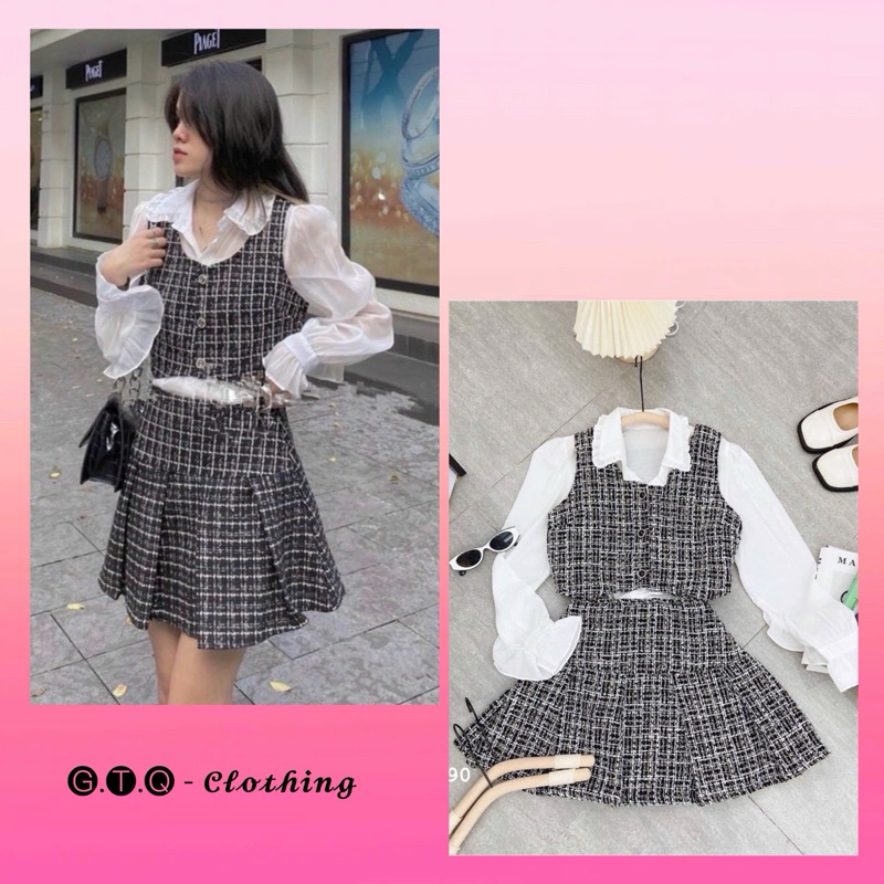 Set áo croptop sơ mi trắng cổ bèo + áo gile dạ + chân váy dạ xếp li