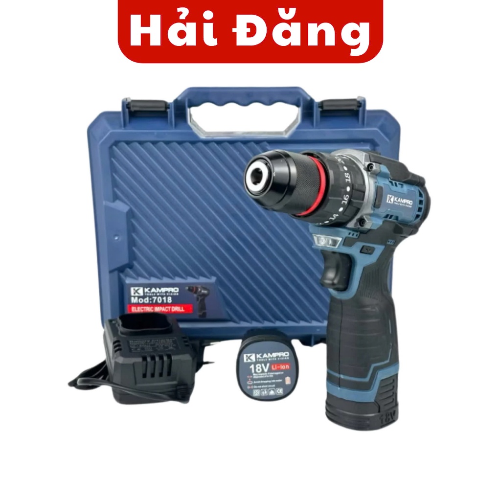 Máy Khoan Pin Kampro 7018 Không Chổi Than, 3 Chức Năng, Đầu Kẹp 10mm, Pin 4 Cell