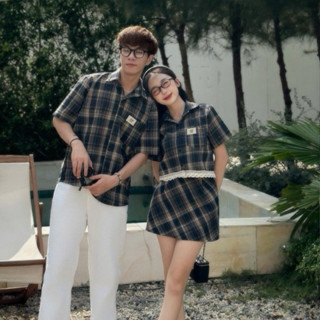  Set đồ đôi- Set áo váy cặp đôi couple 3 món sơ mi nam+Set nữ sọc caro hottrend 