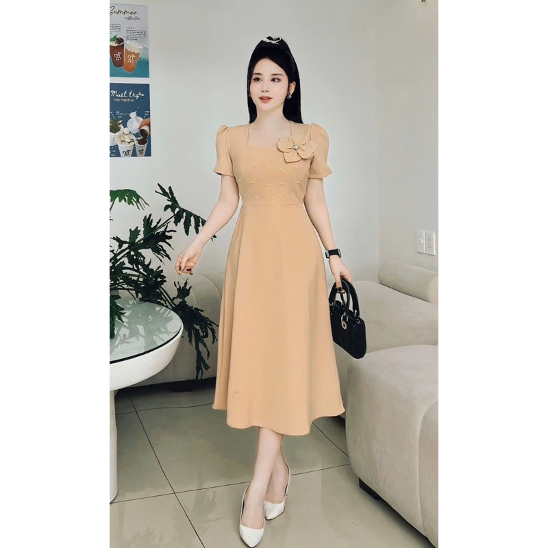 Váy công sở váy trung niên U40-50 Đầm trung niên cho mẹ cổ vuông đính nơ ngọc - JUDY 011 | BigBuy360 - bigbuy360.vn