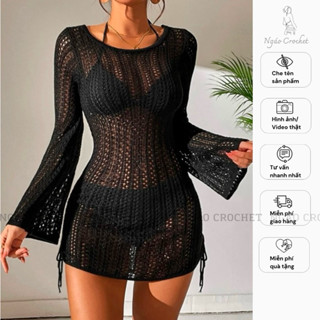 Áo Lưới Mặc Ngoài Bikini Tay Loe Hở Lưng Dáng Ngắn Mặc 2 Kiểu Có Dây Rút Form Rộng, Đầm Đan Len Nhiều Màu Mặc Đi Biển