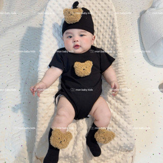 ( HÀNG CÓ SẴN ) Set body dán gấu tặng kèm mũ tất 3-12kg cho bé trai và bé gái Đồ bộ liền thân cho bé