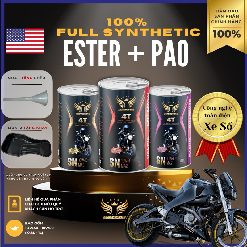 Nhớt xe số, động cơ 4 thì GOLDWINLUB 100% dầu tổng hợp, 10W40-10W50( từ 0.8L-1L)