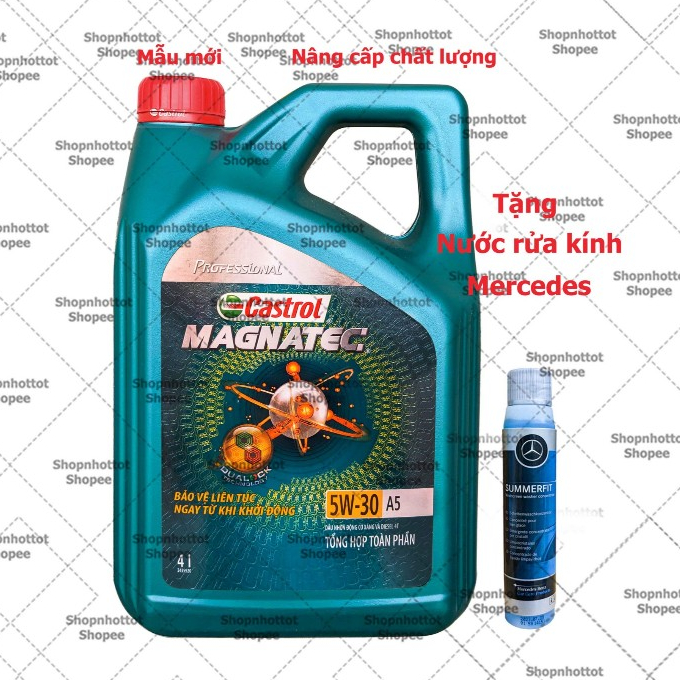 Combo Dầu nhớt tổng hợp ôtô Castrol Magnatec Profesional A5 5w30 4000ml (4L) + Nước rửa kính Mercede
