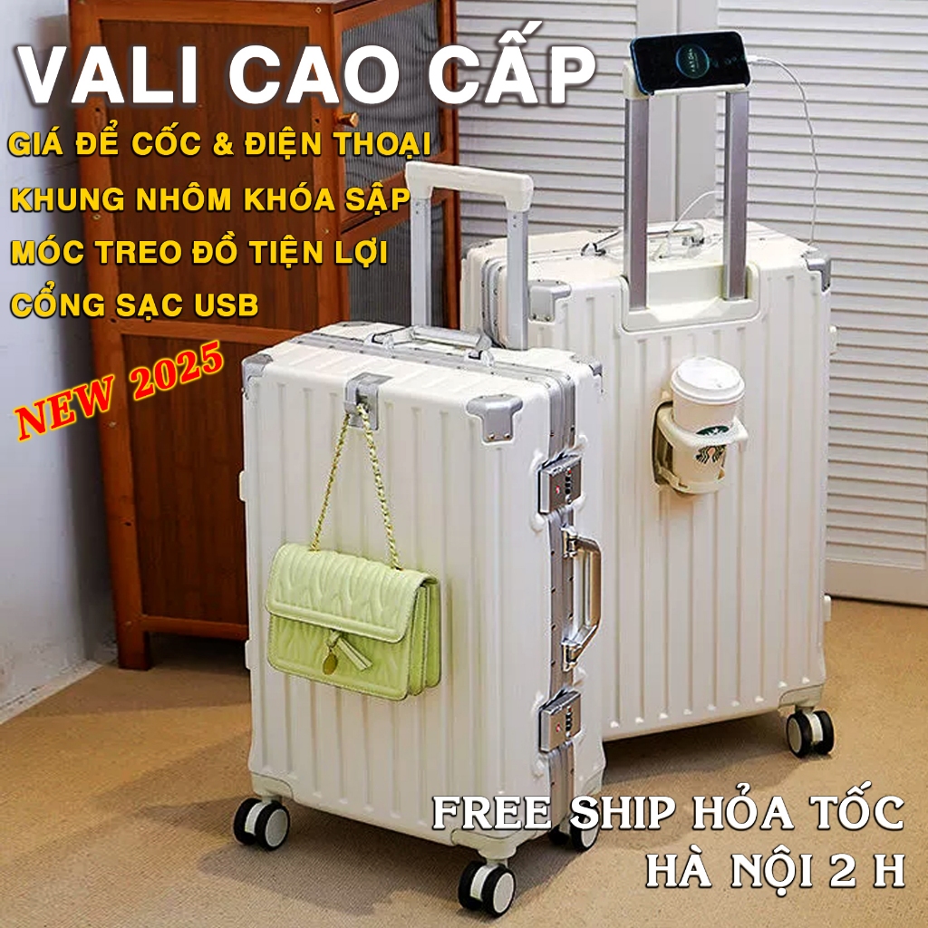 VALI KHUNG NHÔM KHOÁ SẬP TSA CAO CẤP, HÀNG NỘI ĐỊA MỚI - SIZE 20/24/29 INCH, BH 5 NĂM - KÈM GIÁ ĐỂ CỐC & ĐT - 2 ngăn kín