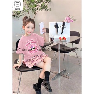 Set váy bé gái ELAINE gồm áo cotton hình Baybythree mix váy bèo 3 tầng hồng kèm quần hàng cao cấp | ELN493