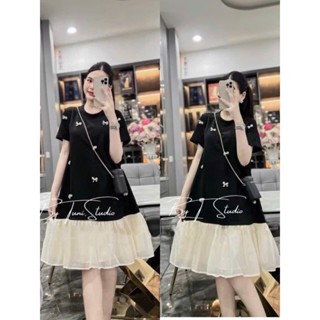 Váy Váy Bầu Đầm Bầu Nơ Xinh Dáng Xuống Phối Chân Váy Pha Voan Tơ Bồng Bềnh Tay Ngắn, Váy BầuTiểu Thư Siêu Xinh V65