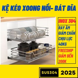 Kệ kéo xoong nồi bát đĩa đa năng inox 304 nan dẹt ray giảm chấn chịu lực 40kg cao cấp lắp tủ bếp thông minh