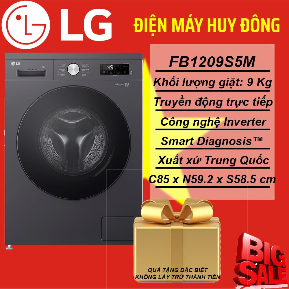 Máy giặt lồng ngang LG AI DD™ Inverter 9kg màu đen FB1209S5M ( QUÀ TẶNG ĐẶC BIỆT KHÔNG LẤY TRỪ THÀNH