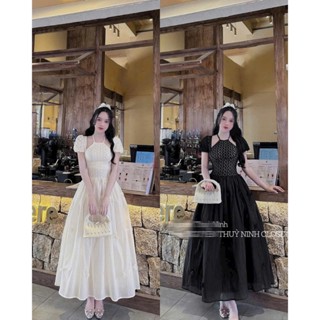 Đầm maxi nữ chất REN phối tơ nến tay ngắn cổ yếm váy dài dáng xòe thiết kế nữ tính sang trọng mặc đi chơi đi dự tiệc