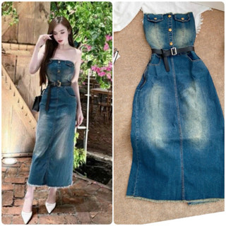  TIENSTYLE - Đầm Jean ống Đan Dây Lưng Dáng Xòe Dài Váy Bò Xoè Cá Tính 