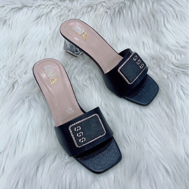 Dép nữ cao gót cao 5p gót trong to quai đen mềm