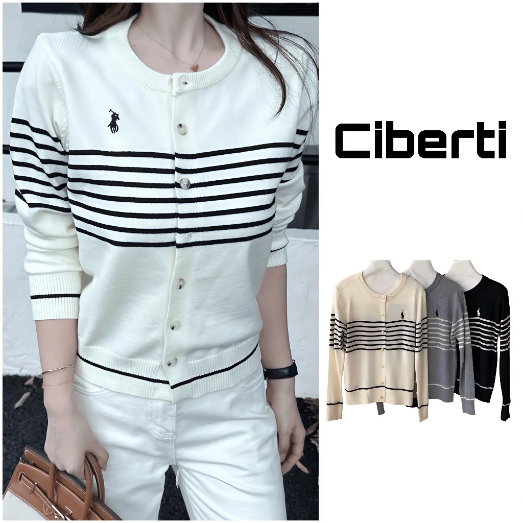 Áo cardigan len thêu ngựa kẻ ngang Ciberti