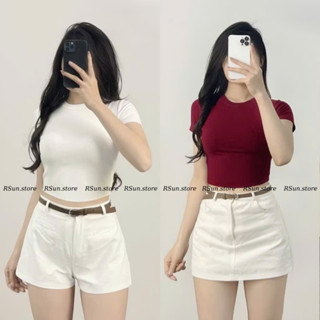 Áo thun cotton croptop nữ ôm body cổ tròn cộc tay bigsize RSun, Áo thun trơn croptop tay ngắn basic 390