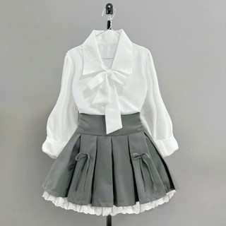 Set bộ kiểu tiểu thư Bigsize nữ áo sơ mi cột nơ xinh kèm chân váy A lưng cao phối viền ren - SET ( SM16+CV419)