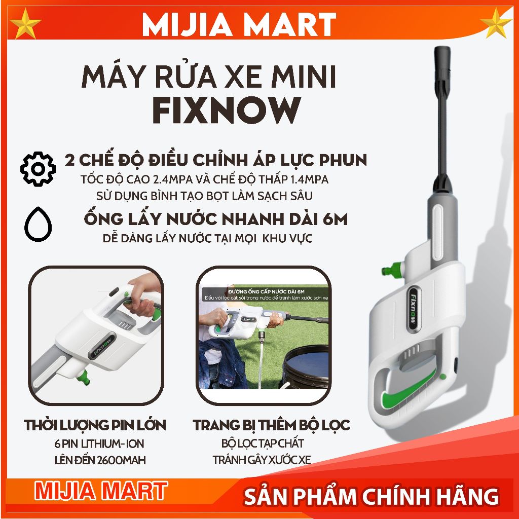 Máy rửa xe mini XM Fixnow. Máy rửa xe cầm tay có pin sạc 2600mah. Áp lực cao 2.4Mpa