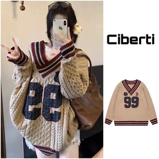  Áo sweater len dệt kim bóng chày cổ tim Cberti 