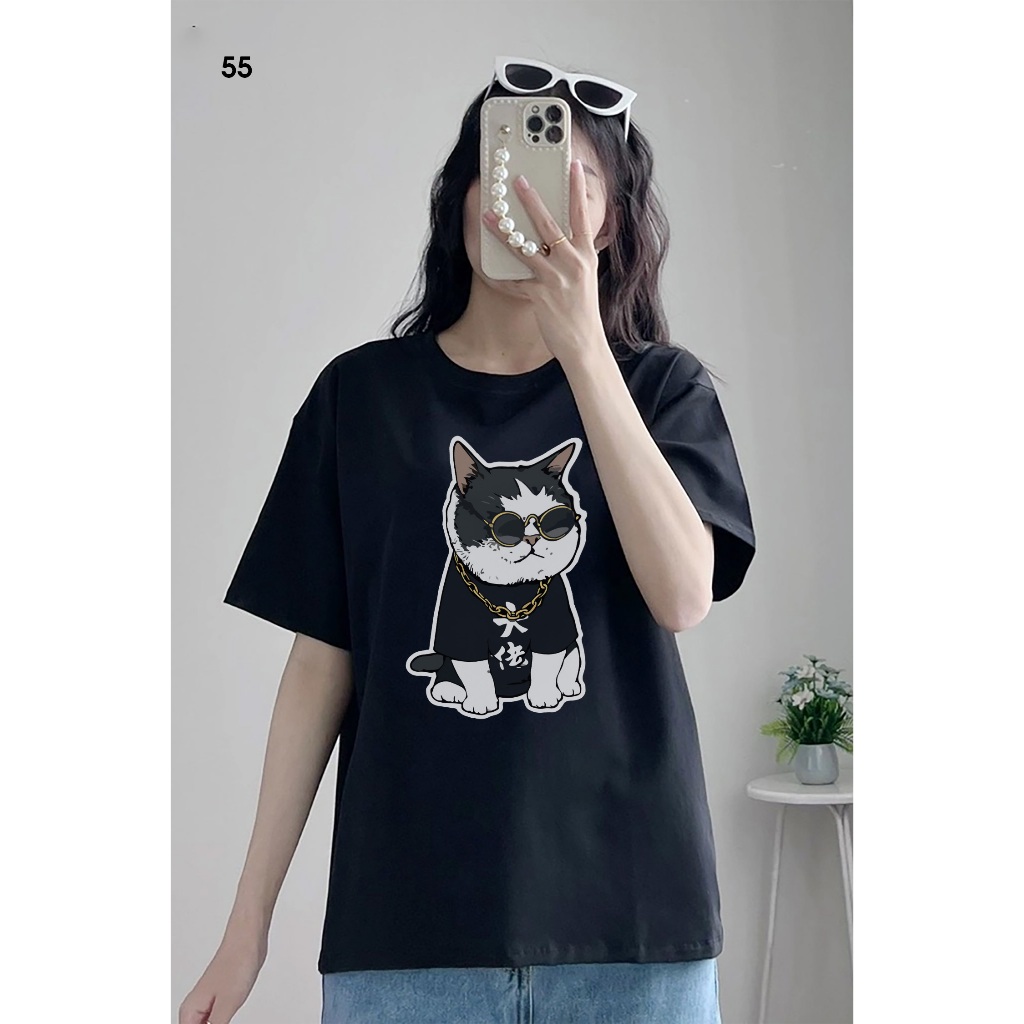 Áo Thun Cotton 250gsm Unisex Nam Nữ - Áo Đôi 100% Cotton 250gsm Mèo Cool - Dáng Suông, Tay Ngắn, Cổ 