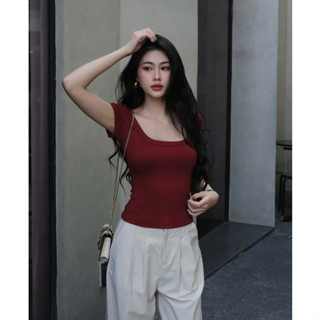 Áo thun cổ vuông basic QCCC nữ HHVINTAGE cổ vuông thun cotton co dãn ôm body Top A95