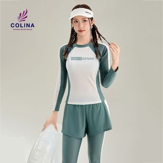 Đồ bơi nữ tay dài chống nắng, set đồ bơi cao cấp gồm áo bơi dài tay có mút ngực và quần bơi dài nữ 2 lớp COLINA KP130