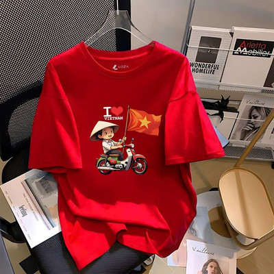 Áo phông nữ dáng rộng NA03 in Cờ Đỏ Sao Vàng Việt Nam, Độc lập tự do chất liệu thun cotton size 45-83kg Loza G0293