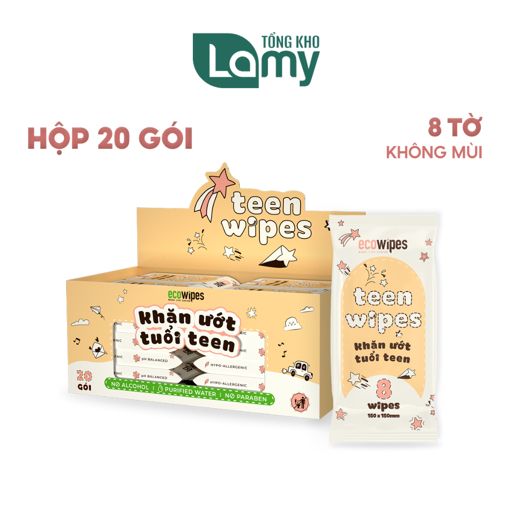 TỔNG KHO_Hộp 20 gói khăn giấy ướt mini size Teen Wipes gói 8 tờ không mùi cho học sinh sinh viên