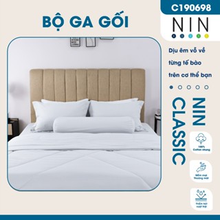 Bộ ga giường, áo gối NIN House Classic màu trắng C190698 sọc ngang chìm, drap bọc nệm