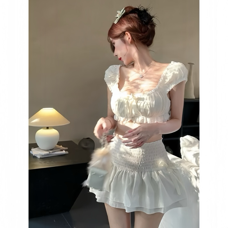 Sét Váy Nữ 3 Món Mát Mẻ Áo Croptop Cổ Vuông + Chân Váy Cạp Chun Dáng Xoè + Quần Bảo Hộ | BigBuy360 - bigbuy360.vn