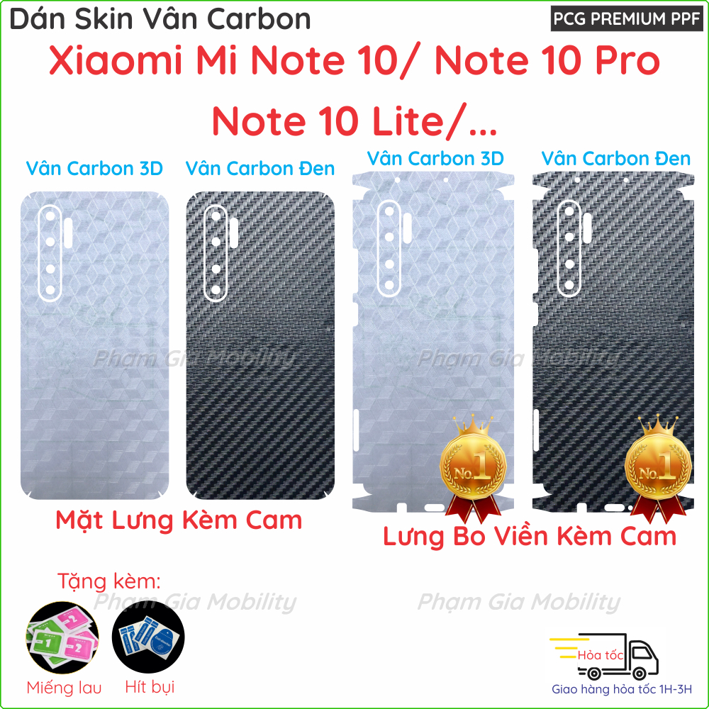 Miếng dán Skin Carbon Xiaomi Mi Note 10/ Note 10 Pro/ Note 10 Lite dành cho mặt lưng, lưng bo viền