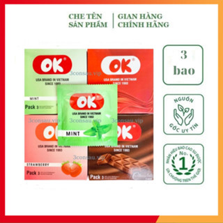  COMBO 3 HỘP Bao cao su OK đủ mùi hương  OK dâu bạc hà truyền thống socola  49 ± 2mm hộp 3 cái 