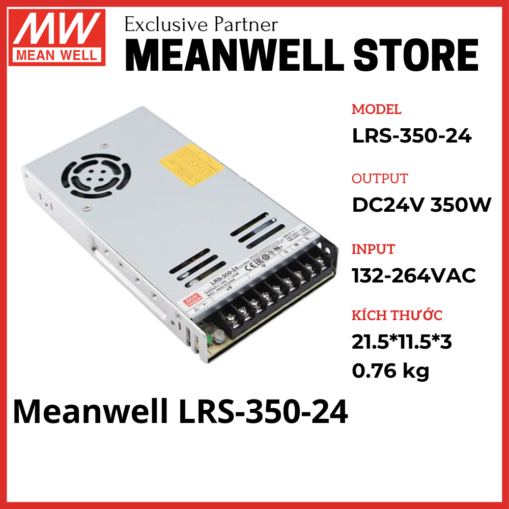 Nguồn Meanwell LRS 24V DC 350W, Chuyển Nguồn 24V 14.6A, Tăng Phô Meanwell Đài Loan, Bộ Đổi Nguồn 220