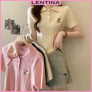 Áo len polo dệt kim nữ tay ngắn kiểu cổ bẻ thêu gấu dáng ôm body len mongtoghi mềm mại Quảng Châu CC