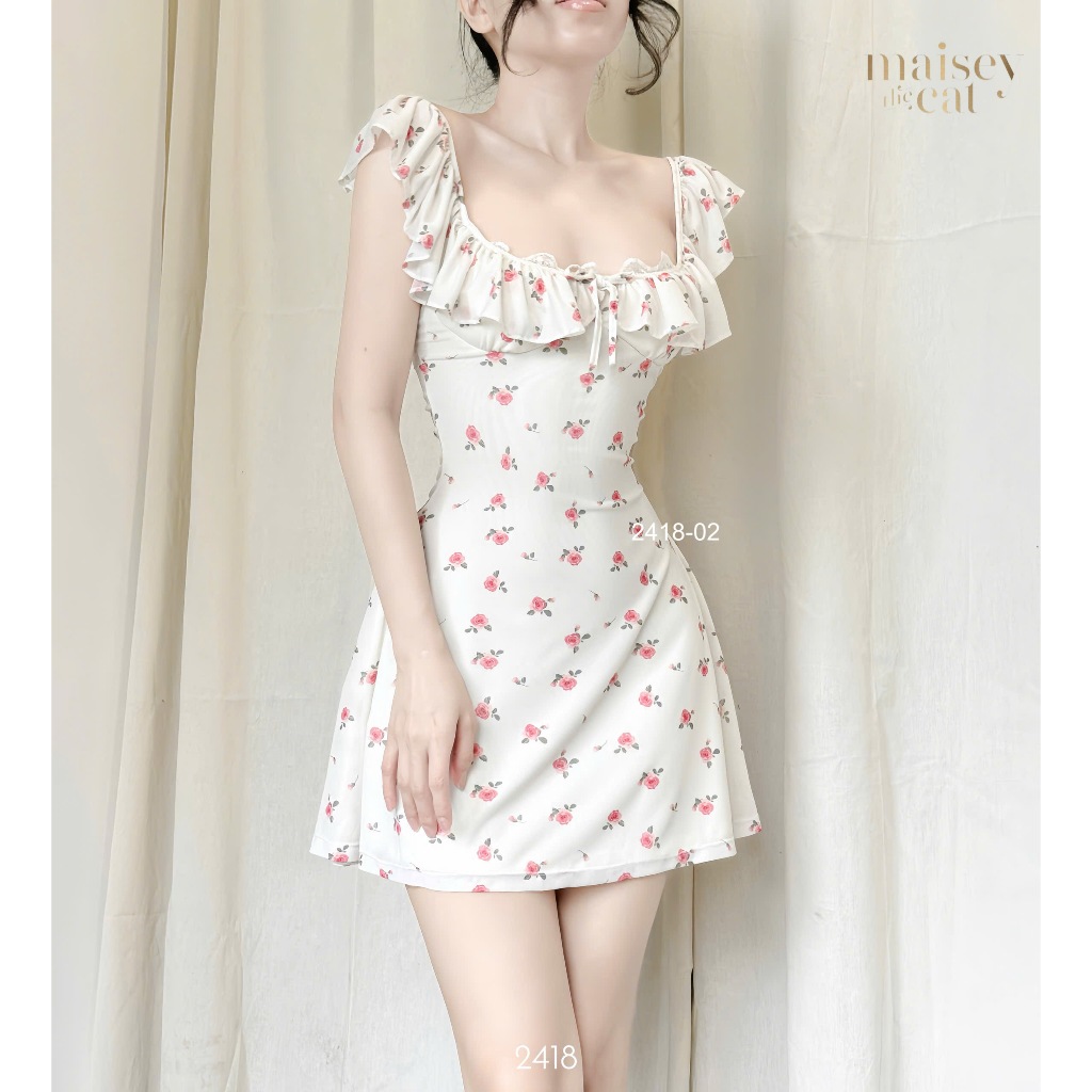 [MAISEY 2418] ĐẦM LƯỚI THUN CỔ BÈO PHỐI REN (KÈM MUSH NGỰC)