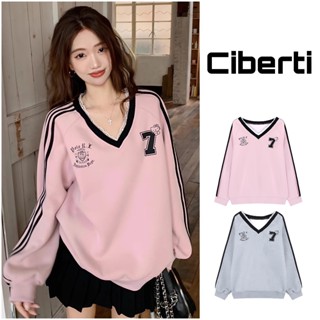  Áo sweater bóng chày cổ tim  áo nỉ hai da nữ phối ren cổ Ciberti 