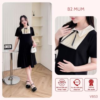 Váy bầu công sở xếp ly cổ mix xếp ly be, chất liệu co giãn, thoái mát mặc đi làm mùa hè - V853 B2MUM